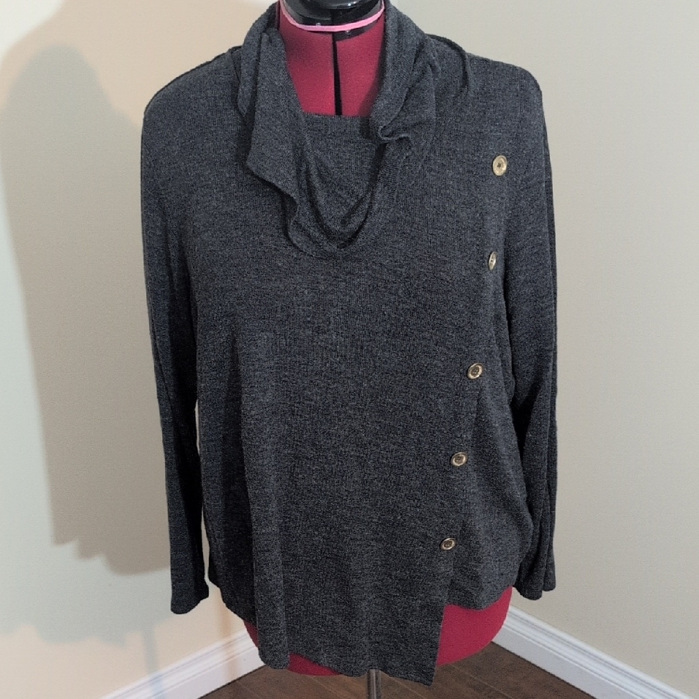 Adrienne Vittadini | Women's Gray Cowl Neck Sweater with Button Detail